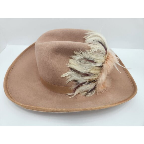 Lancaster Cowboy Hat Women's Tan 100% Wool Feather Trim Sonni 55cm Made In USA - Picture 3 of 8